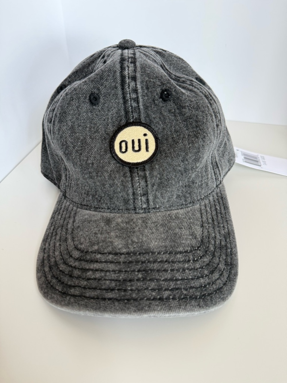 CLARE V. Oui Patch Washed Black Denim Baseball Cap